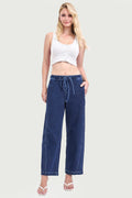 ELASTIC BAND SLOUCHY CROP BARREL JEANS WITH DRAWSTRING