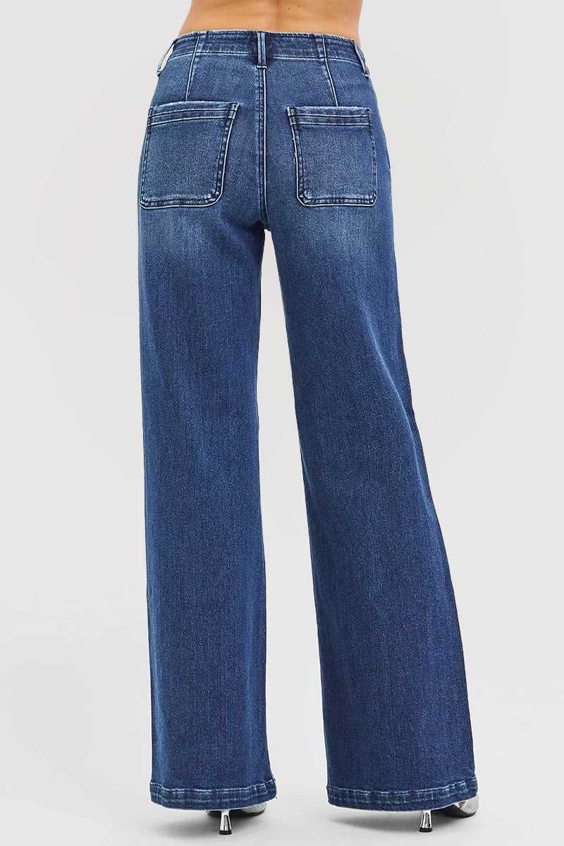 HIGH RISE WIDE LEG SLANTED POCKET JEANS