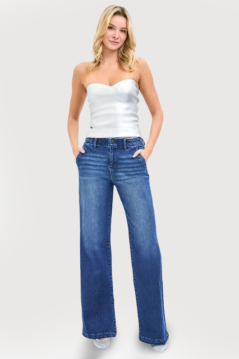 HIGH RISE WIDE LEG SLANTED POCKET JEANS