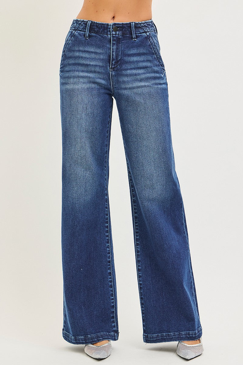 HIGH RISE WIDE LEG SLANTED POCKET JEANS
