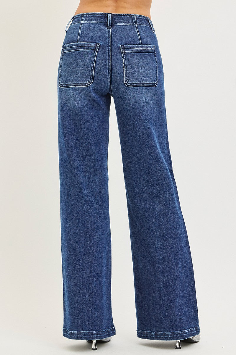 HIGH RISE WIDE LEG SLANTED POCKET JEANS