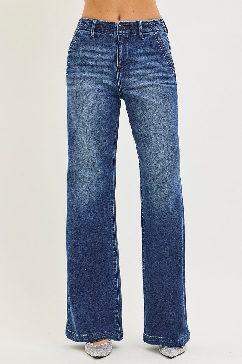 HIGH RISE WIDE LEG SLANTED POCKET JEANS