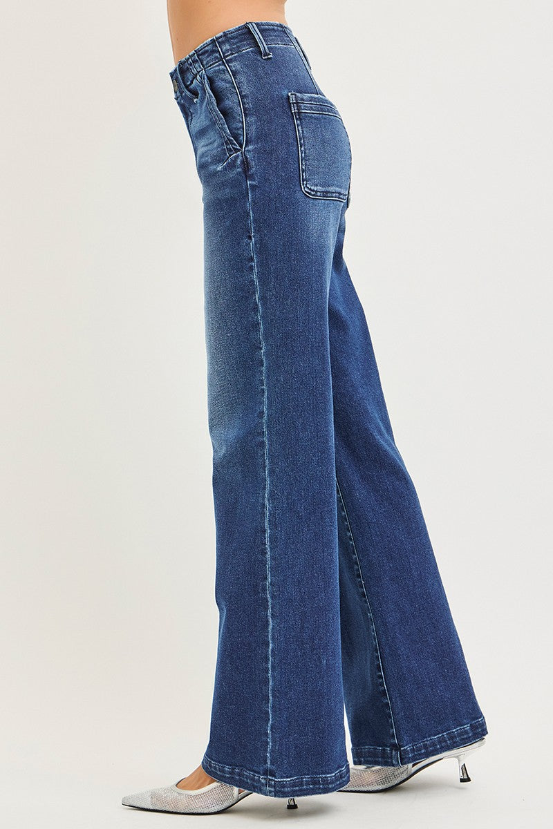 HIGH RISE WIDE LEG SLANTED POCKET JEANS