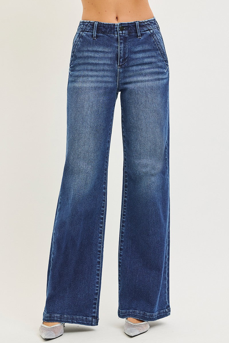 HIGH RISE WIDE LEG SLANTED POCKET JEANS