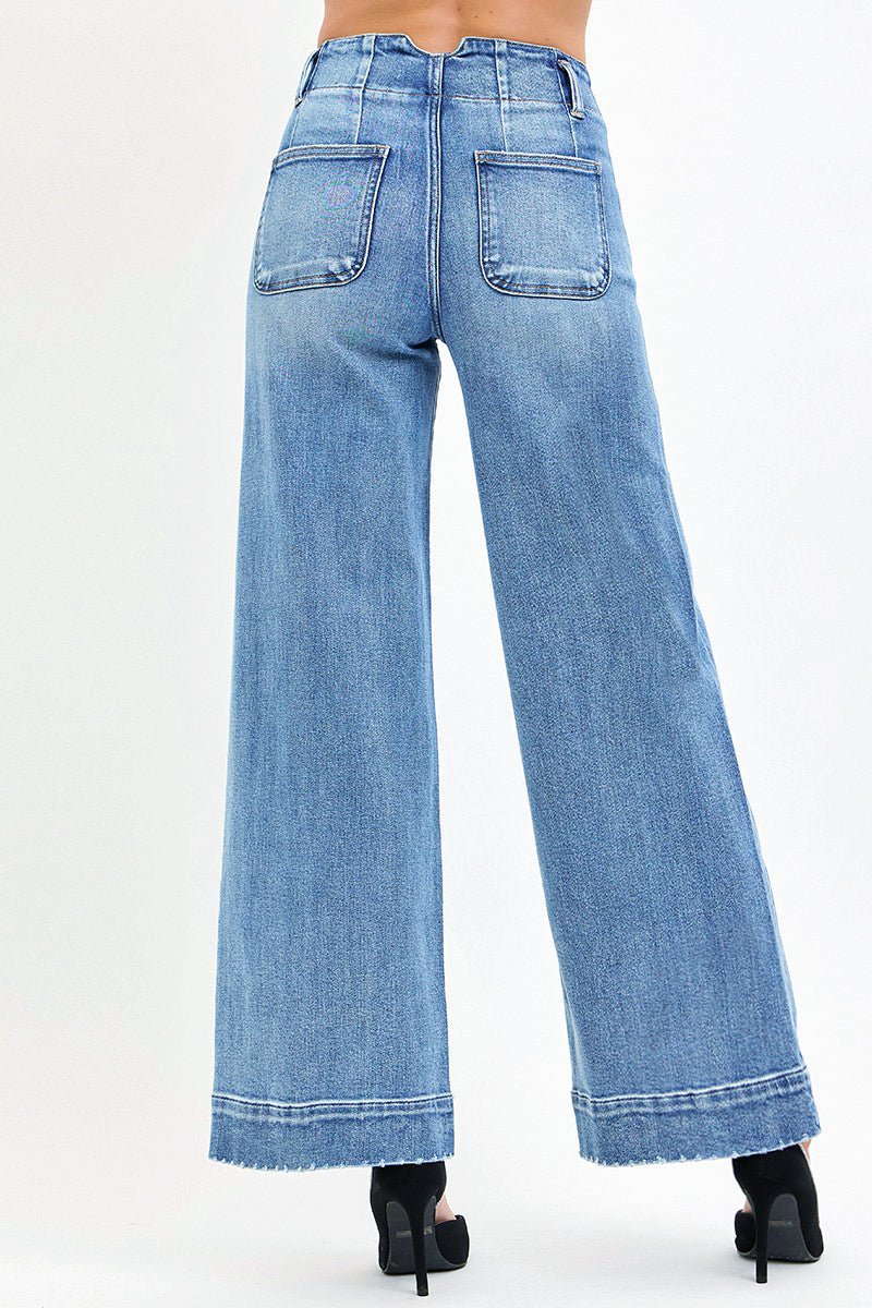 HIGH RISE ANKLE WIDE SEAM DETAILED JEANS