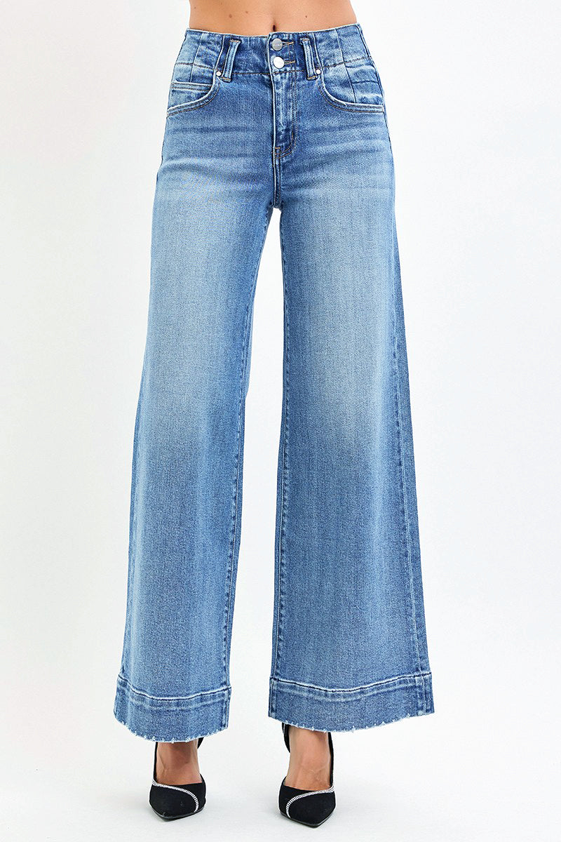 HIGH RISE ANKLE WIDE SEAM DETAILED JEANS