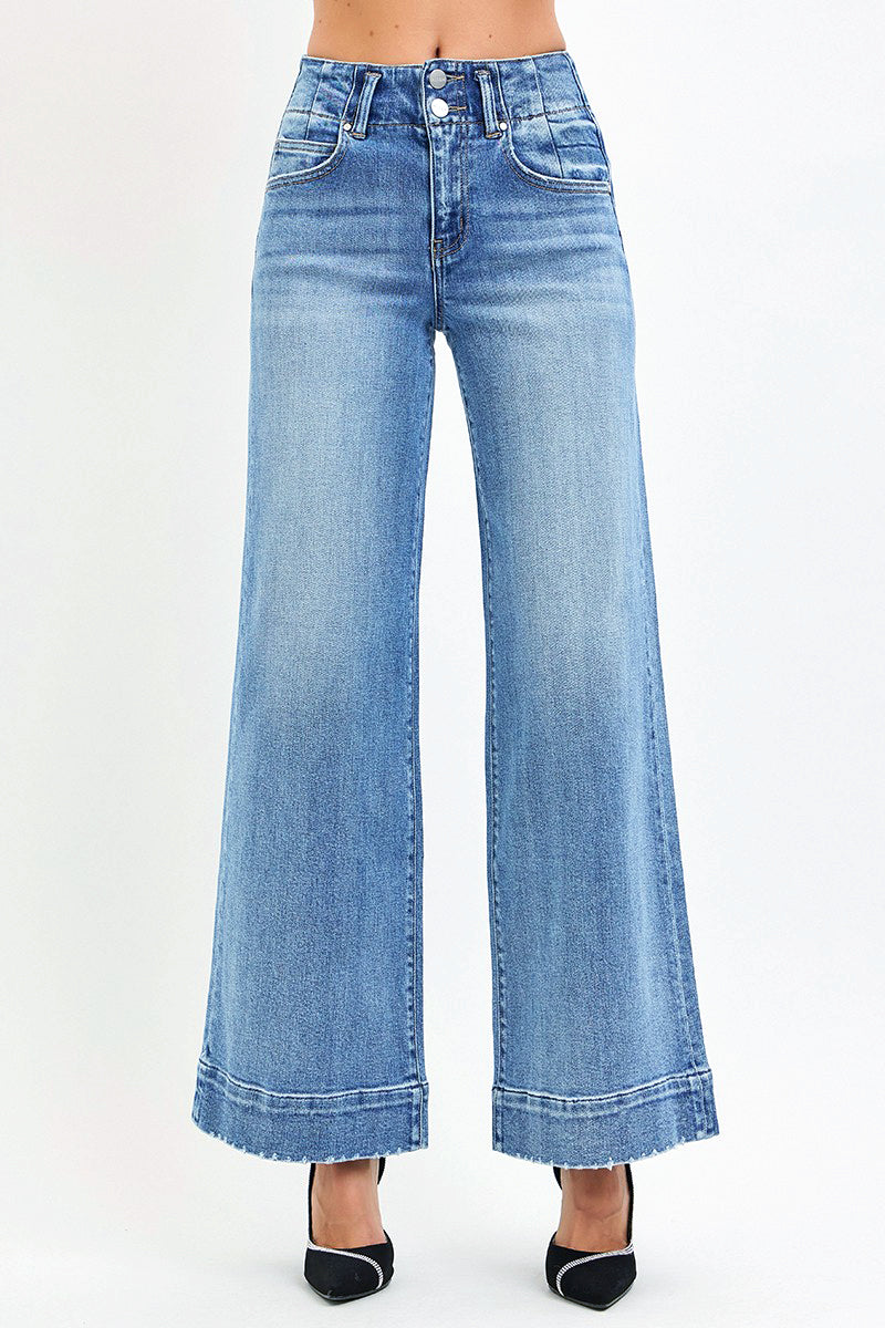 HIGH RISE ANKLE WIDE SEAM DETAILED JEANS