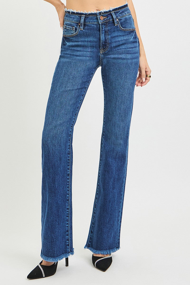MID RISE BOOTCUT FRAYED WAISTBAND HEM DETAIL JEANS