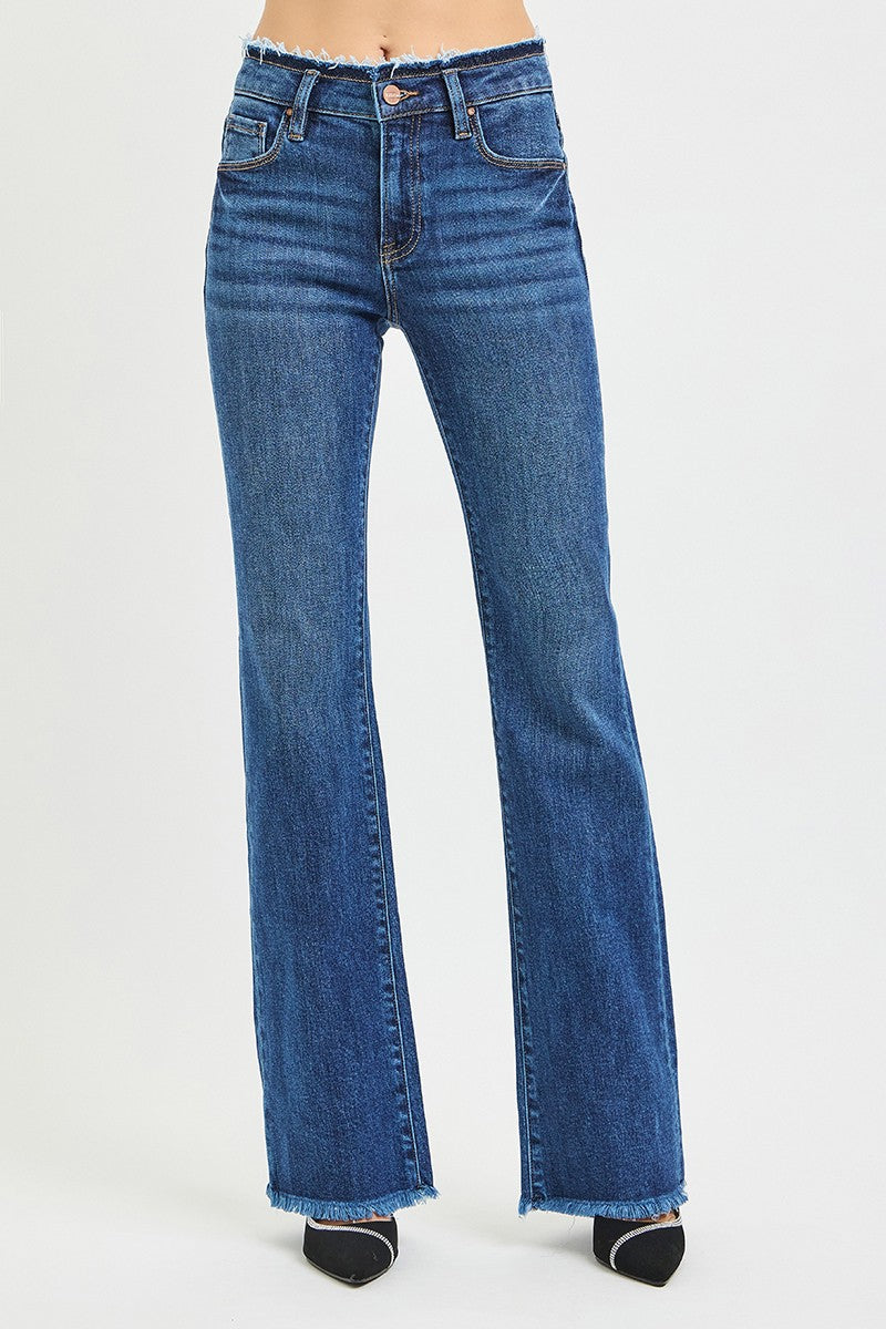 MID RISE BOOTCUT FRAYED WAISTBAND HEM DETAIL JEANS
