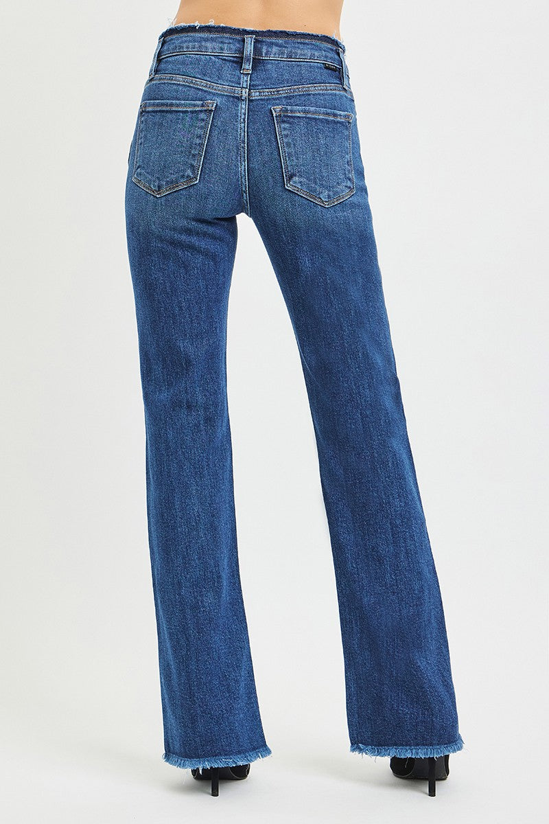 MID RISE BOOTCUT FRAYED WAISTBAND HEM DETAIL JEANS
