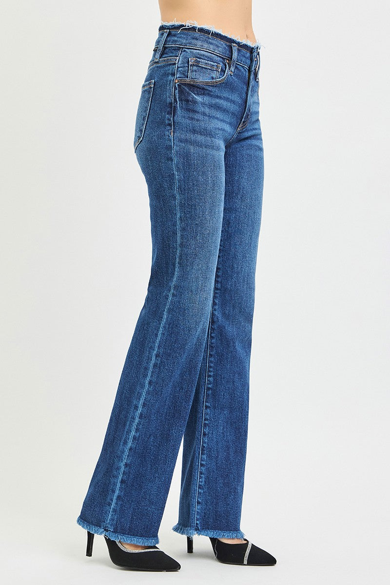 MID RISE BOOTCUT FRAYED WAISTBAND HEM DETAIL JEANS