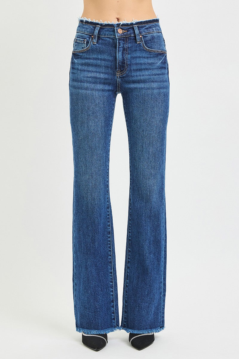 MID RISE BOOTCUT FRAYED WAISTBAND HEM DETAIL JEANS