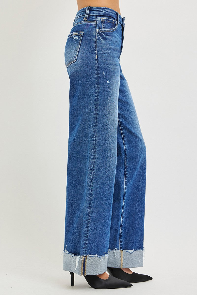 HIGH RISE WIDE LEG JEANS WITH CUFFED HEM