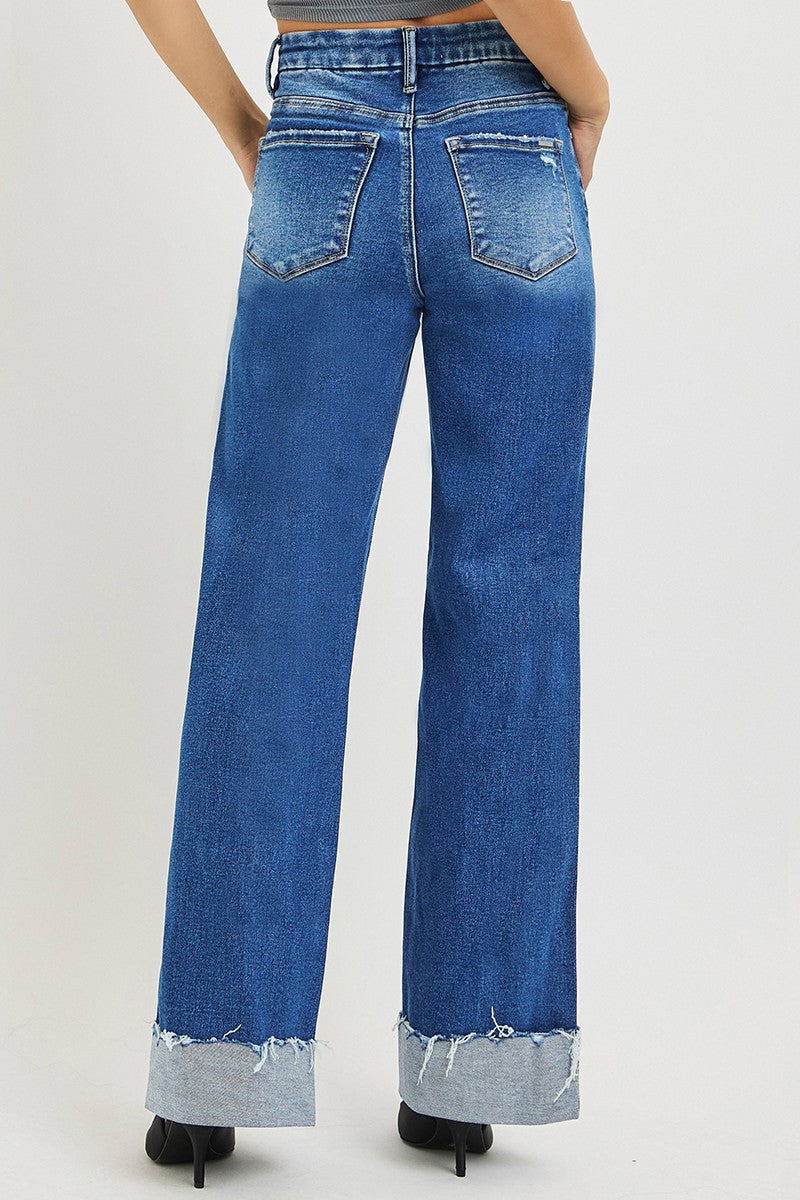 HIGH RISE WIDE LEG JEANS WITH CUFFED HEM