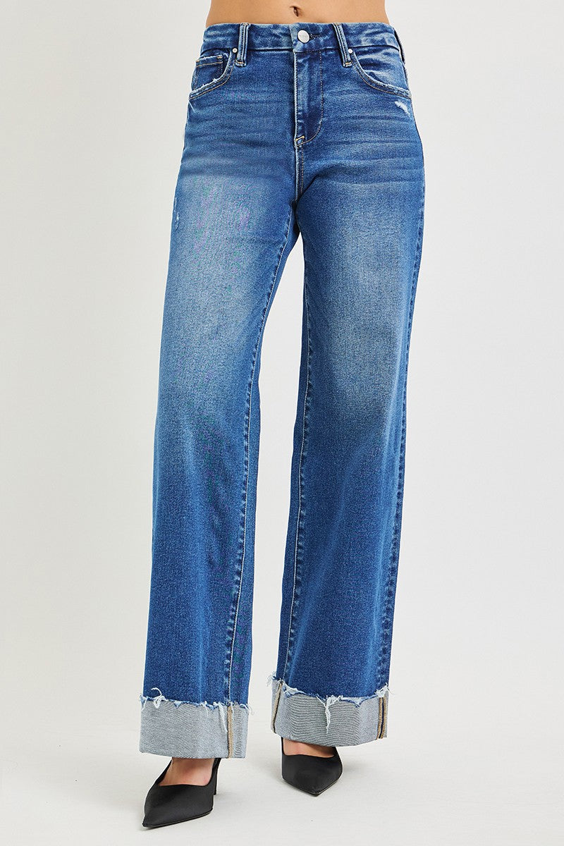 HIGH RISE WIDE LEG JEANS WITH CUFFED HEM