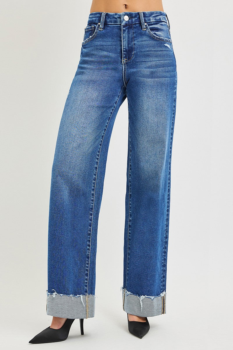 HIGH RISE WIDE LEG JEANS WITH CUFFED HEM