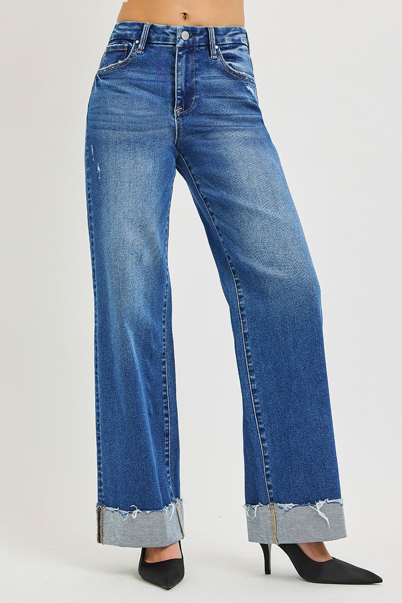 HIGH RISE WIDE LEG JEANS WITH CUFFED HEM