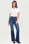 HIGH RISE FLARE JEANS WITH SEAM DETAIL WAISTBAND