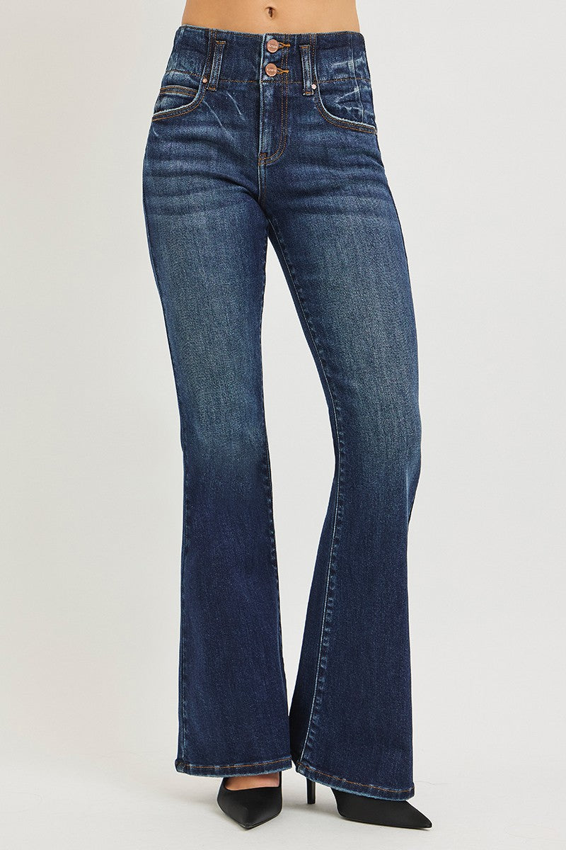 HIGH RISE FLARE JEANS WITH SEAM DETAIL WAISTBAND