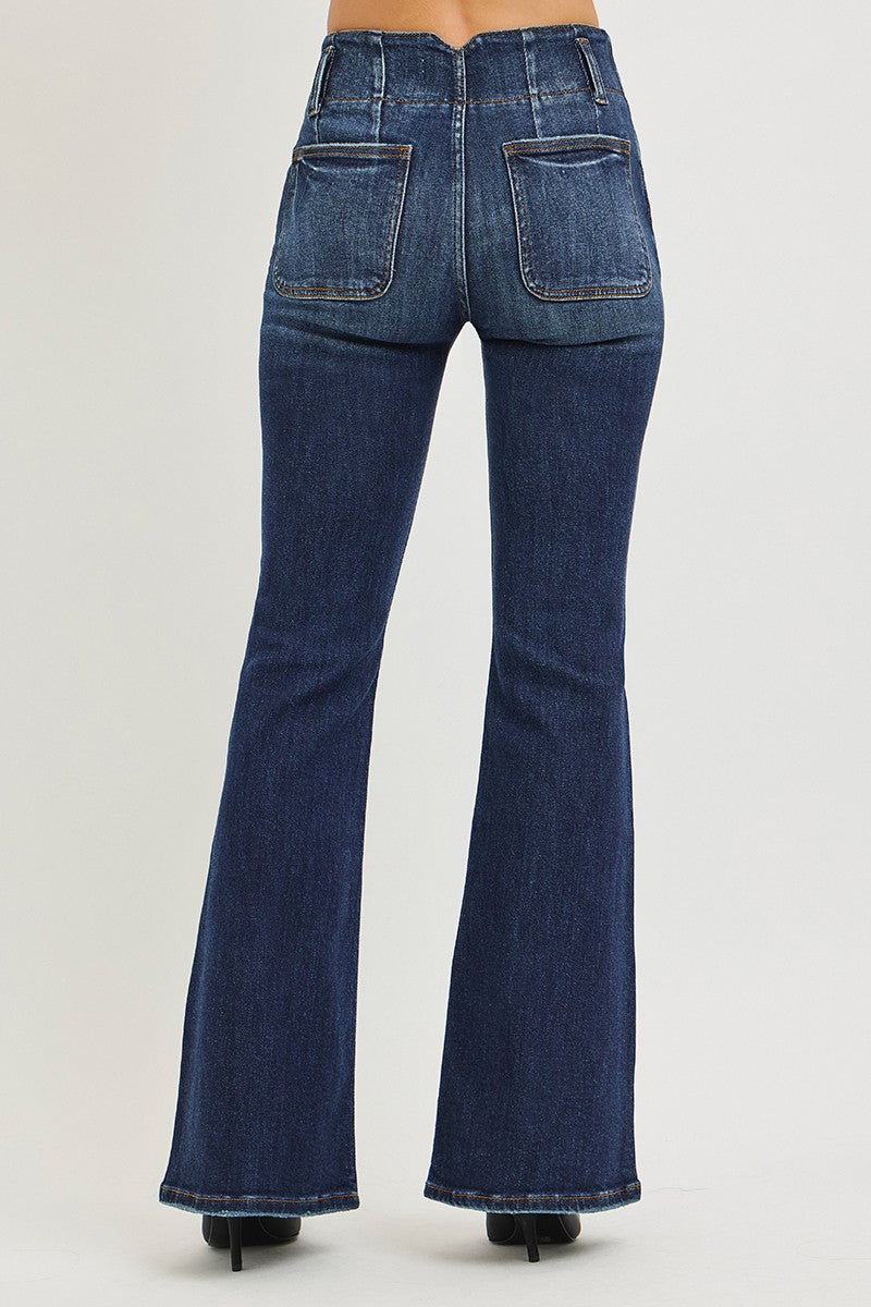 HIGH RISE FLARE JEANS WITH SEAM DETAIL WAISTBAND