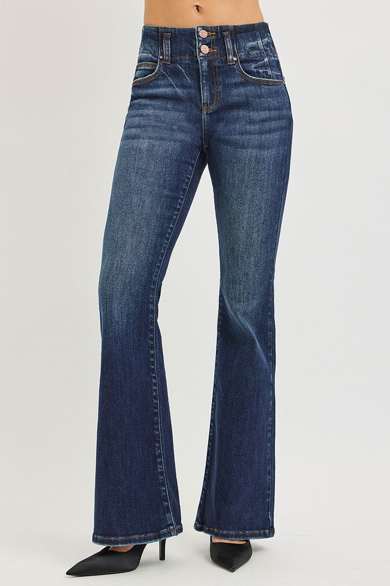 HIGH RISE FLARE JEANS WITH SEAM DETAIL WAISTBAND