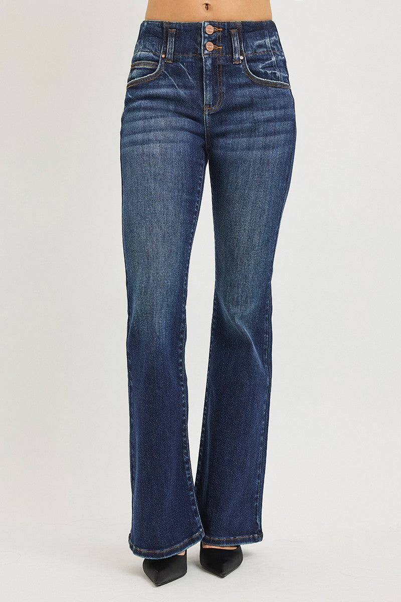 HIGH RISE FLARE JEANS WITH SEAM DETAIL WAISTBAND