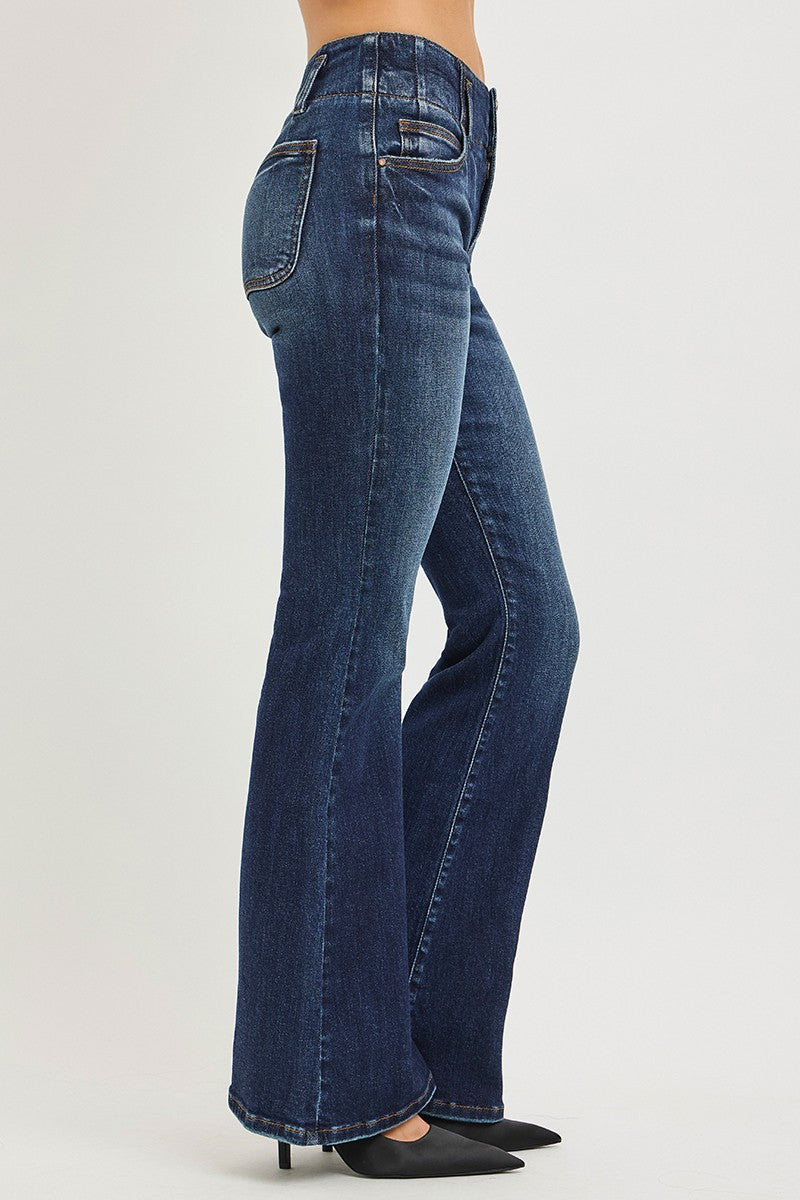 HIGH RISE FLARE JEANS WITH SEAM DETAIL WAISTBAND