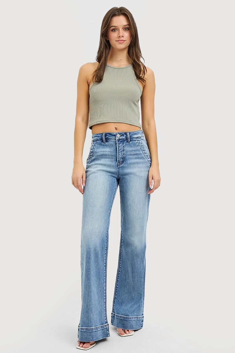 TUMMY CONTORL HIGH RISE WIDE FLARE JEANS WIDE HEM