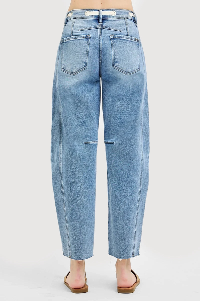 SLOUCHY ANKLE BARREL JEANS WAISTBAND DRAWSTRING EYELET