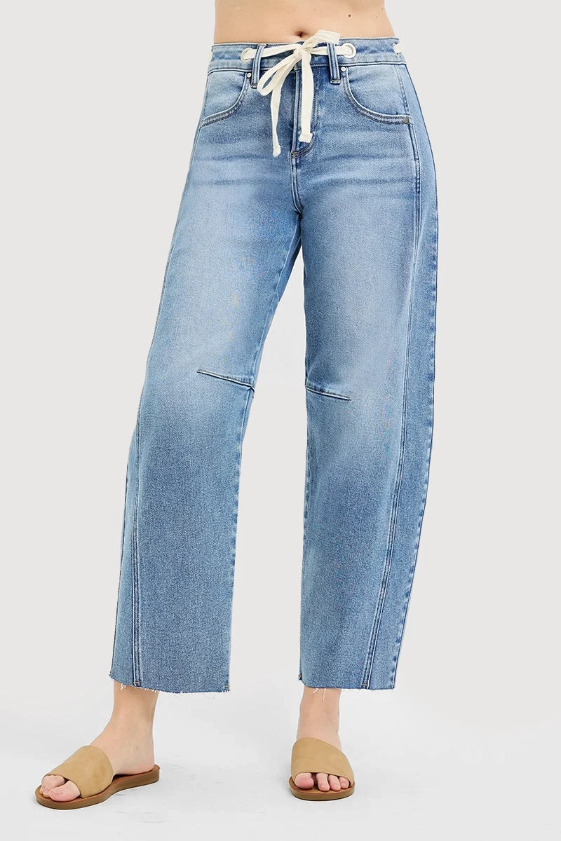 SLOUCHY ANKLE BARREL JEANS WAISTBAND DRAWSTRING EYELET