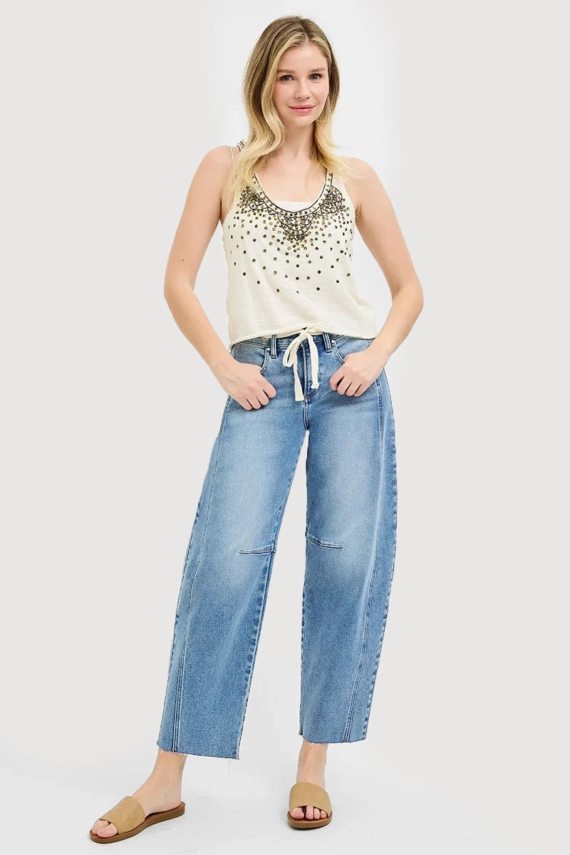 SLOUCHY ANKLE BARREL JEANS WAISTBAND DRAWSTRING EYELET