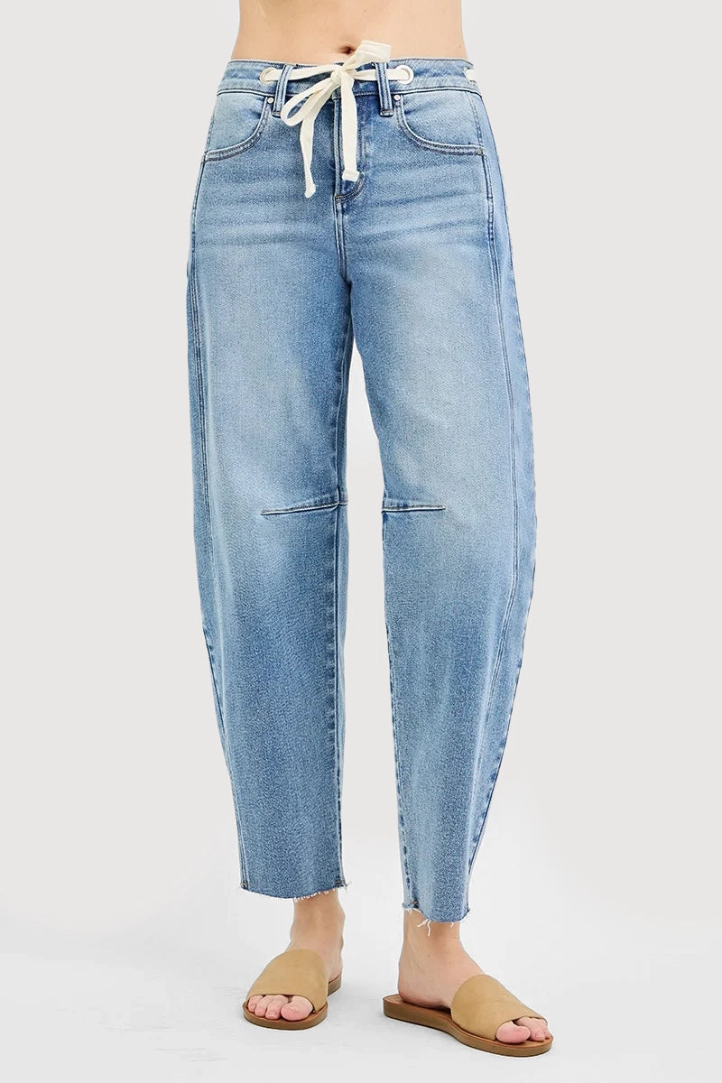 SLOUCHY ANKLE BARREL JEANS WAISTBAND DRAWSTRING EYELET
