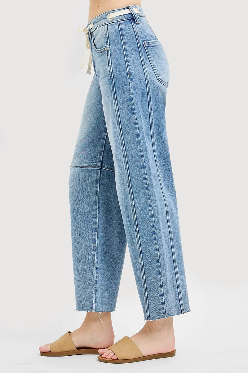 SLOUCHY ANKLE BARREL JEANS WAISTBAND DRAWSTRING EYELET