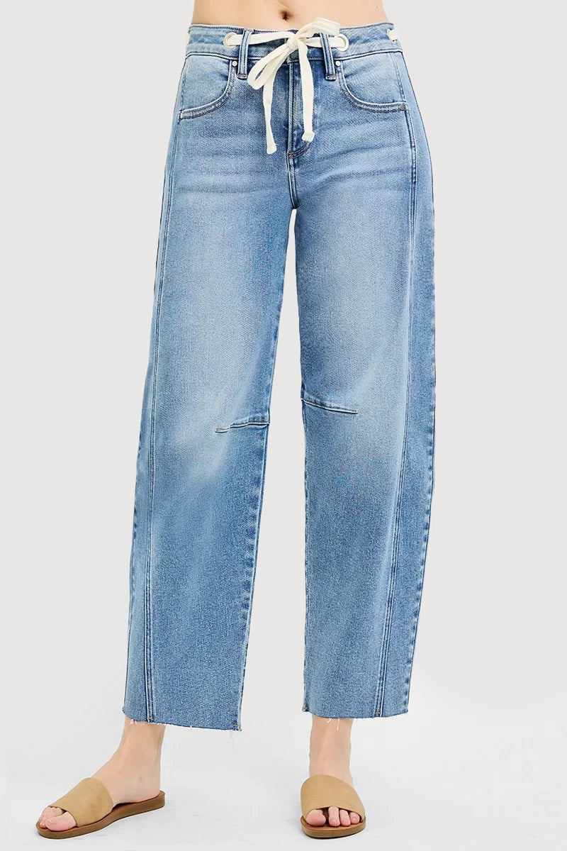 SLOUCHY ANKLE BARREL JEANS WAISTBAND DRAWSTRING EYELET