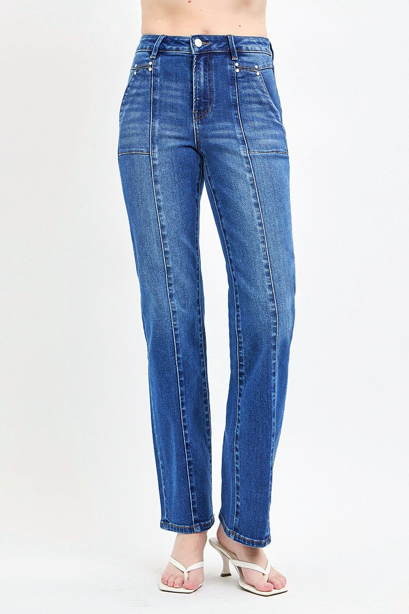 HIGH RISE STRAIGHT PATCH POCKET SEAMED JEANS
