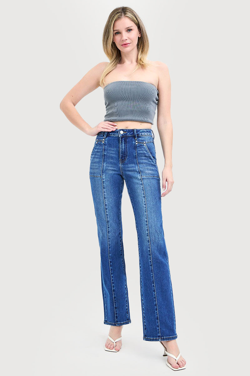 HIGH RISE STRAIGHT PATCH POCKET SEAMED JEANS