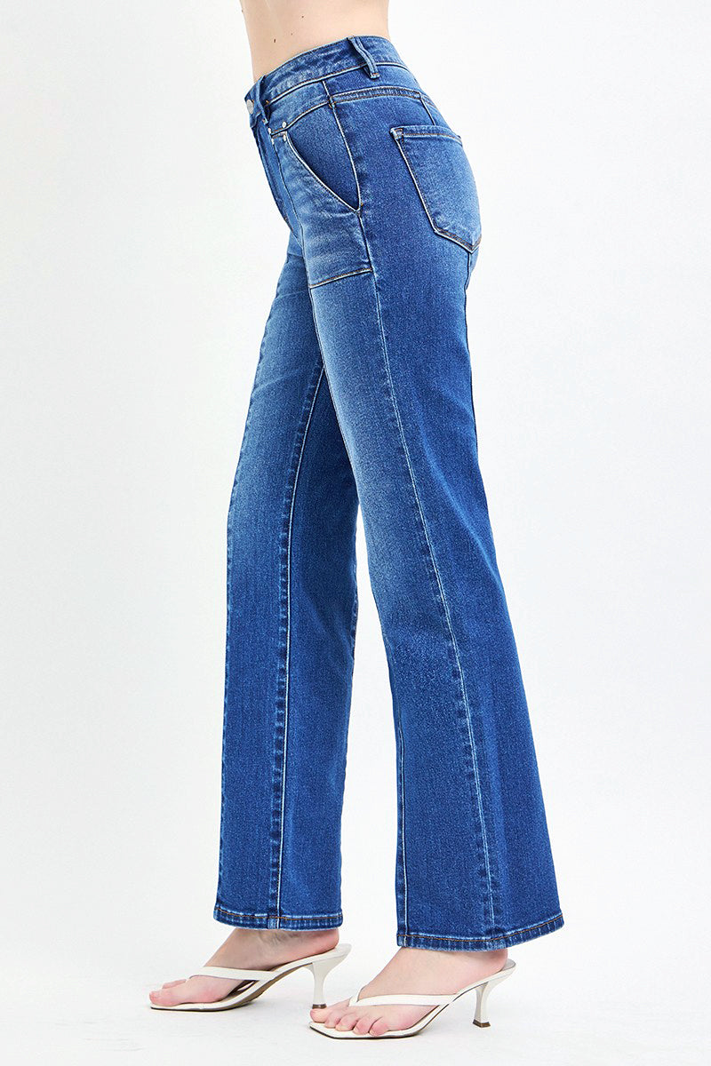 HIGH RISE STRAIGHT PATCH POCKET SEAMED JEANS