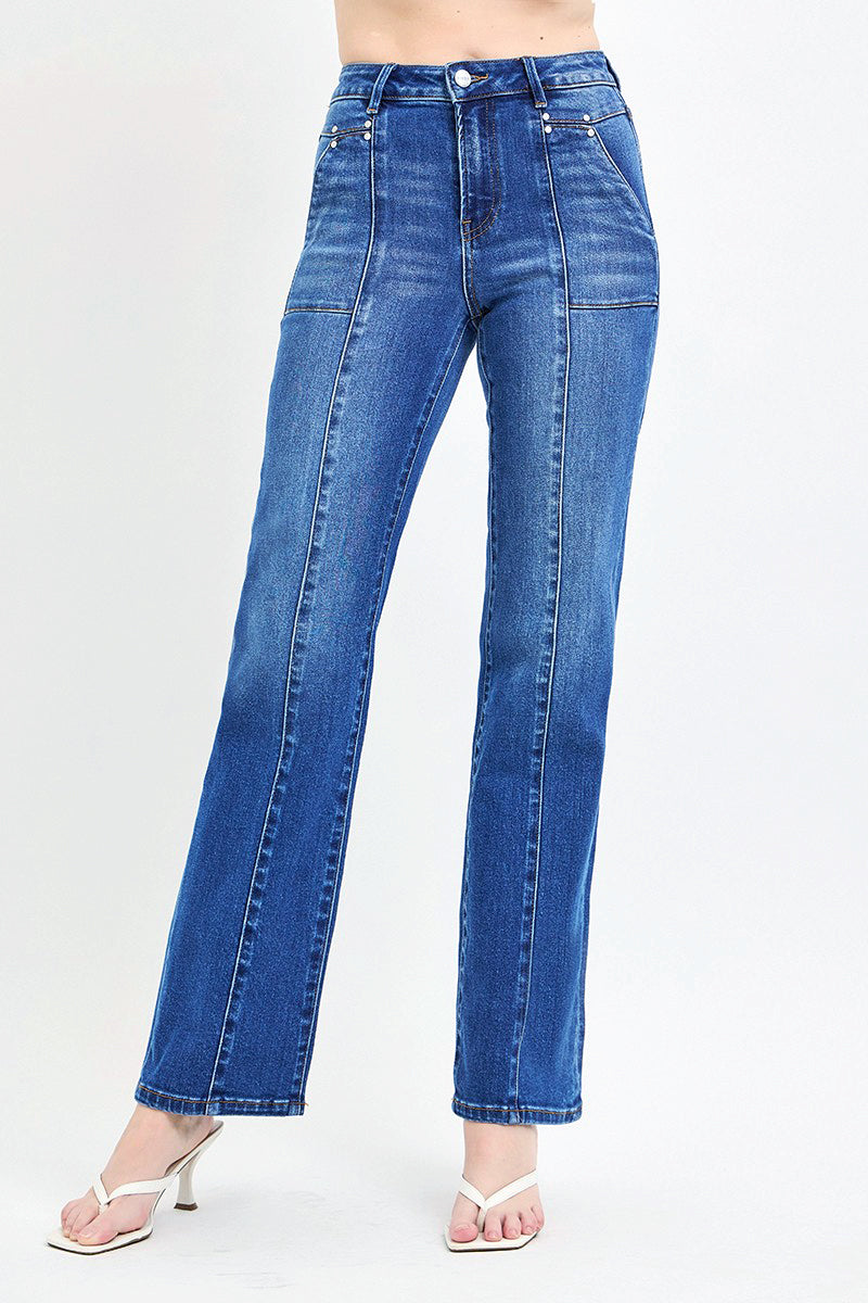 HIGH RISE STRAIGHT PATCH POCKET SEAMED JEANS