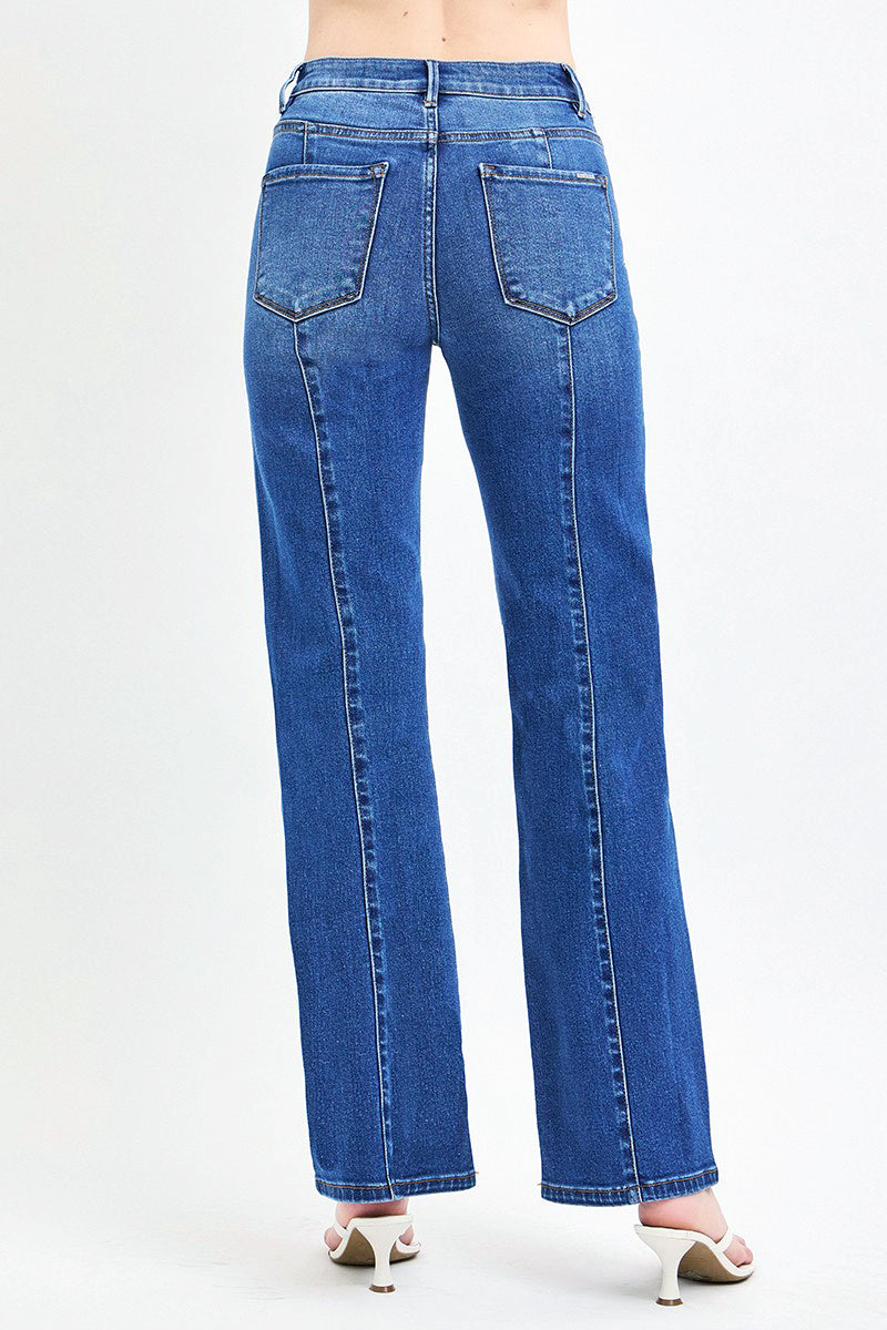 HIGH RISE STRAIGHT PATCH POCKET SEAMED JEANS