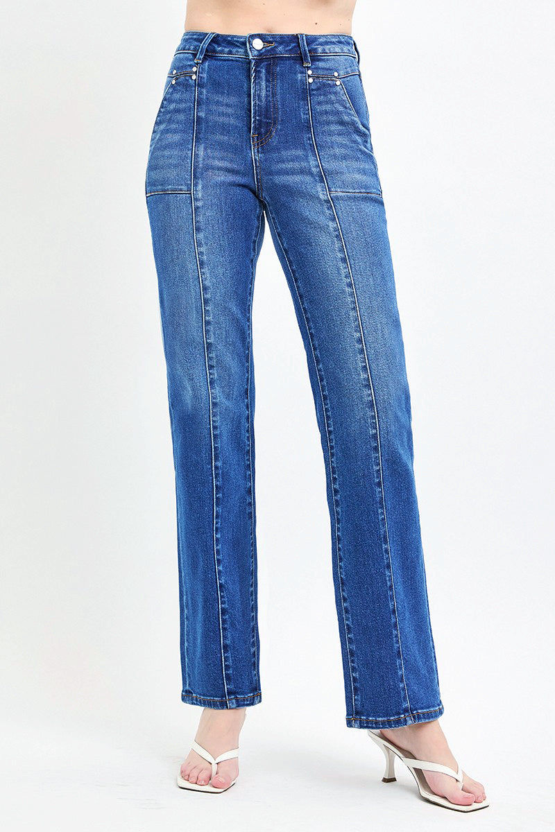 HIGH RISE STRAIGHT PATCH POCKET SEAMED JEANS