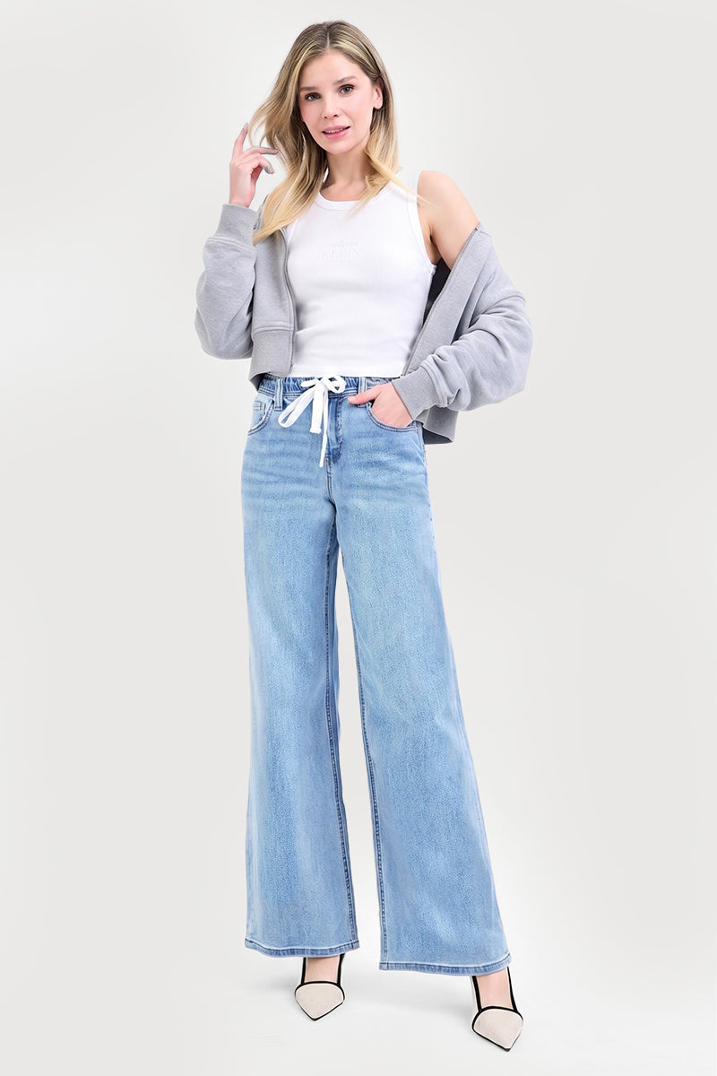 ELASTIC BAND SLOUCHY WIDE JEANS WITH DRAWSTRING