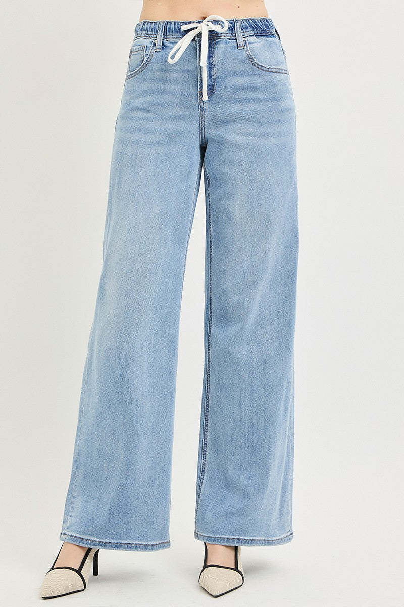 ELASTIC BAND SLOUCHY WIDE JEANS WITH DRAWSTRING