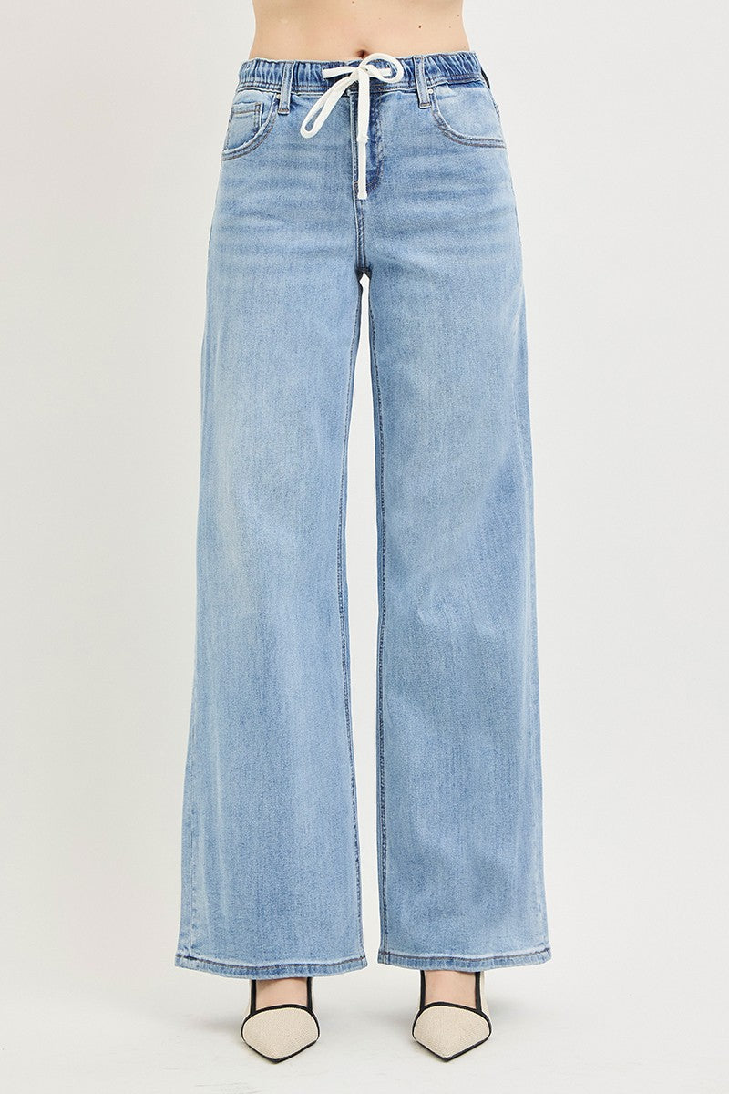 ELASTIC BAND SLOUCHY WIDE JEANS WITH DRAWSTRING