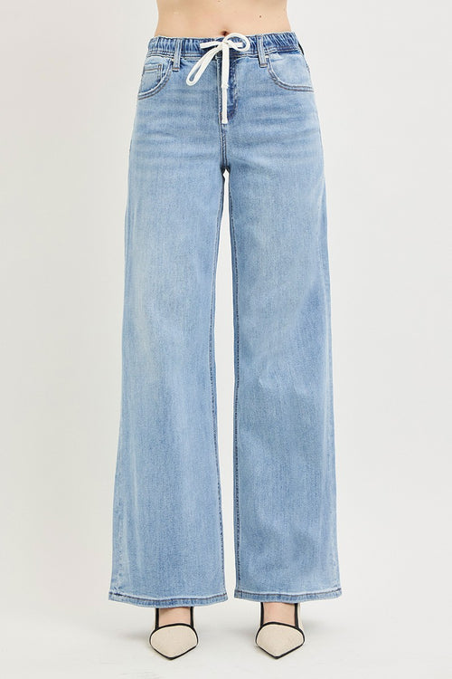ELASTIC BAND SLOUCHY WIDE JEANS WITH DRAWSTRING