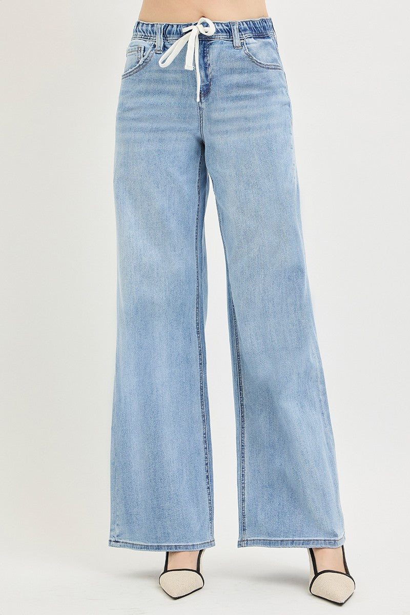 ELASTIC BAND SLOUCHY WIDE JEANS WITH DRAWSTRING