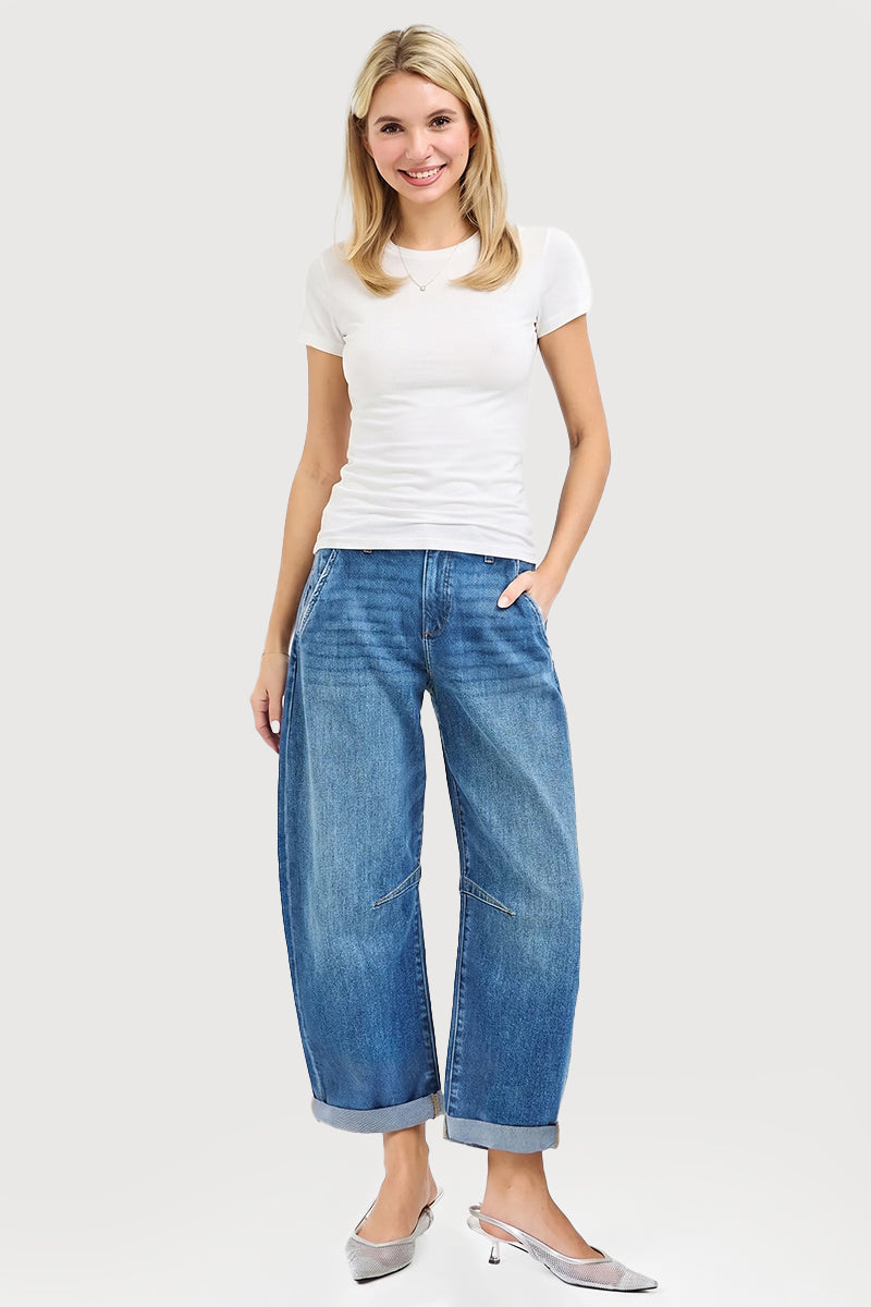 SLOUCHY CROPPED BARREL JEANS WITH CUFFED HEM