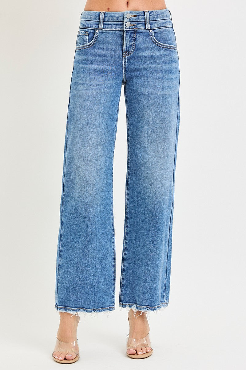 HIGH RISE WIDE JEANS WITH DOUBLE WAIST DETAILS