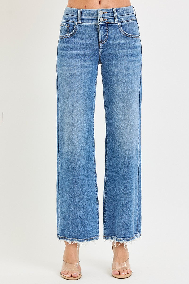 HIGH RISE WIDE JEANS WITH DOUBLE WAIST DETAILS