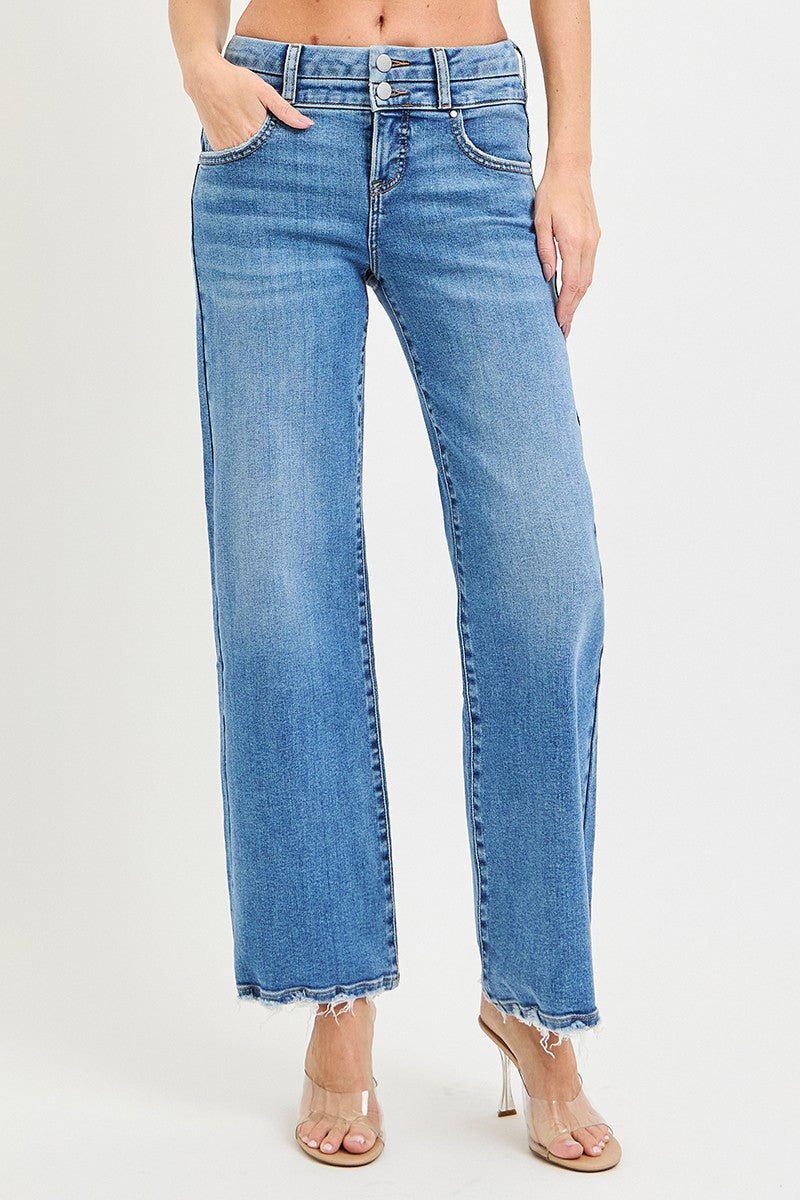 HIGH RISE WIDE JEANS WITH DOUBLE WAIST DETAILS