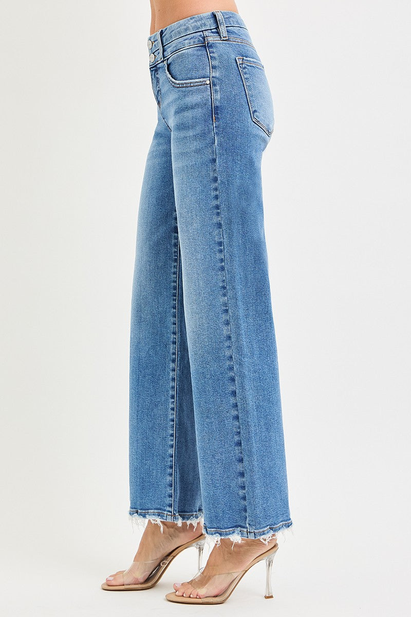 HIGH RISE WIDE JEANS WITH DOUBLE WAIST DETAILS